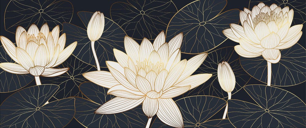 Elegant Lotus Blossom Mural Wallpaper in Gold and Navy Floral Design
