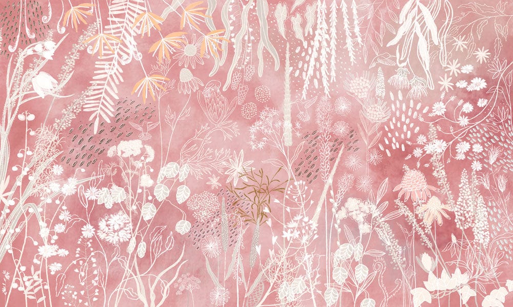 Rustic Blush Botanical Mural Wallpaper with Delicate Floral Design and Nature Motif