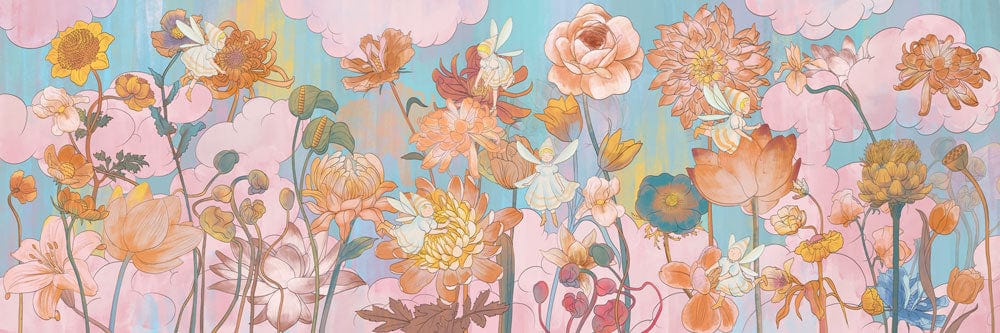 Vibrant Pastel Floral Dreams Mural Wallpaper in Soft Blush and Aqua Tones