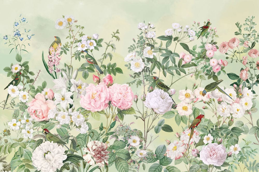 Elegant Pastel Floral Garden Wallpaper Mural with Birds in Vintage Style