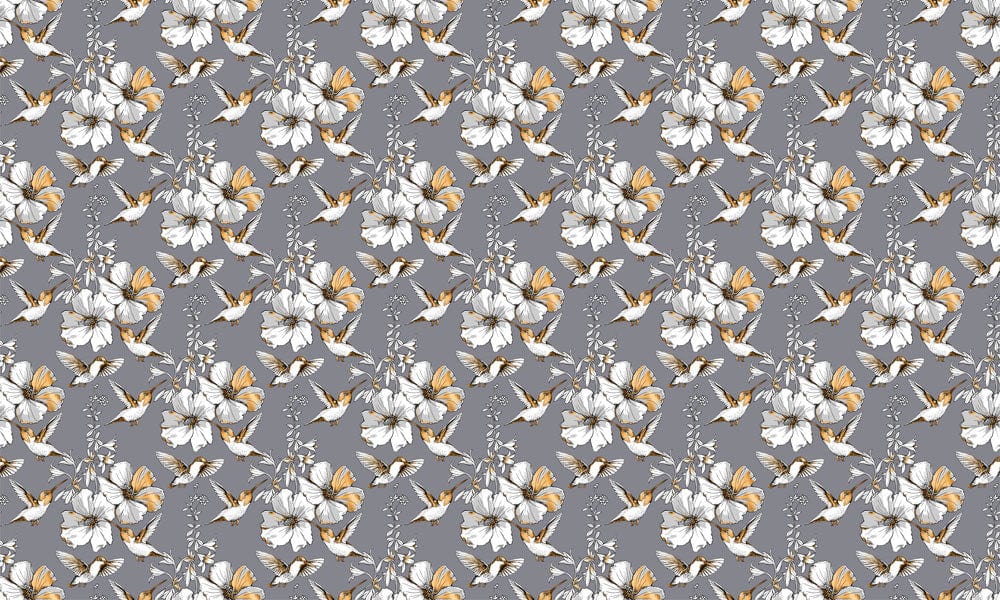 Elegant Grey Floral Pattern Wallpaper with Butterflies - Modern Botanical Design