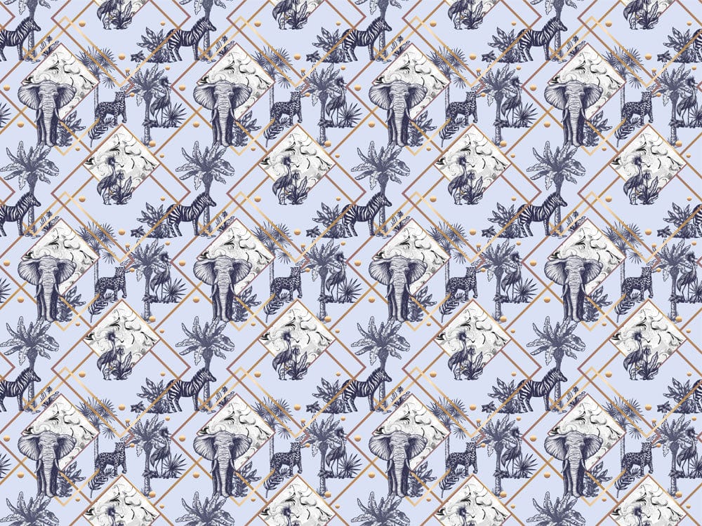 Elegant Safari Adventure Mural Wallpaper in Blue and Gold Tones