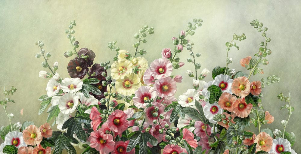 Elegant Floral Garden Mural Wallpaper in Soft Pastel Vintage Watercolour Style