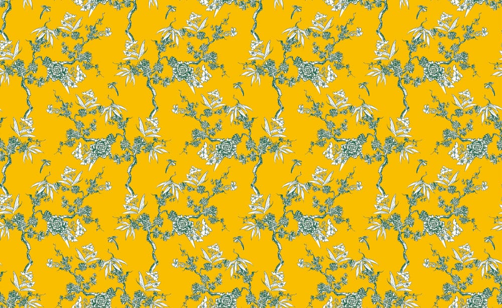 Vintage Botanical Mustard Floral Pattern Wallpaper with Green Accents - Elegant Décor