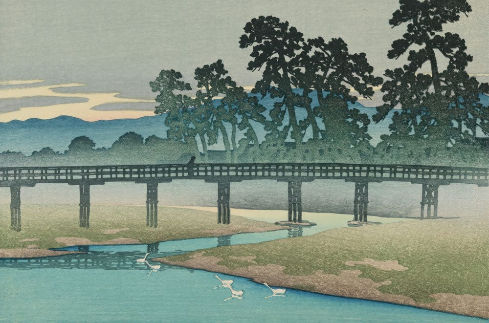 Serene Japanese Landscape Mural Wallpaper with Tranquil Bridge and Trees Design