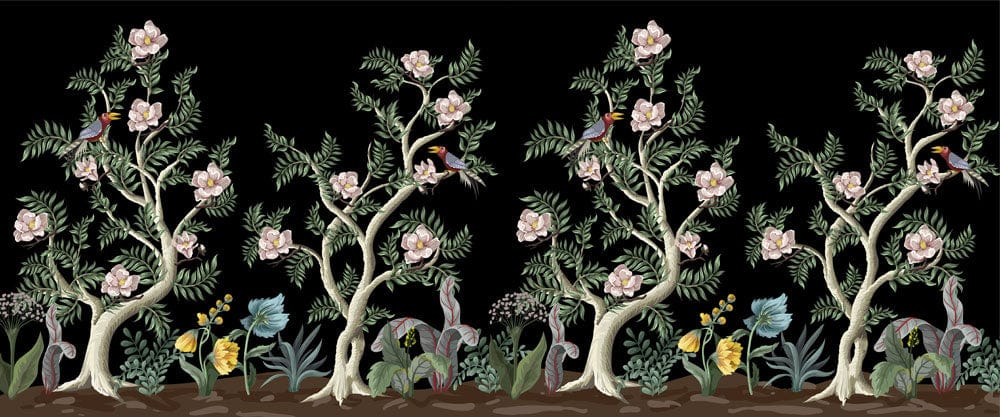 Elegant Black Botanical Garden Mural Wallpaper with Birds and Flowers Design