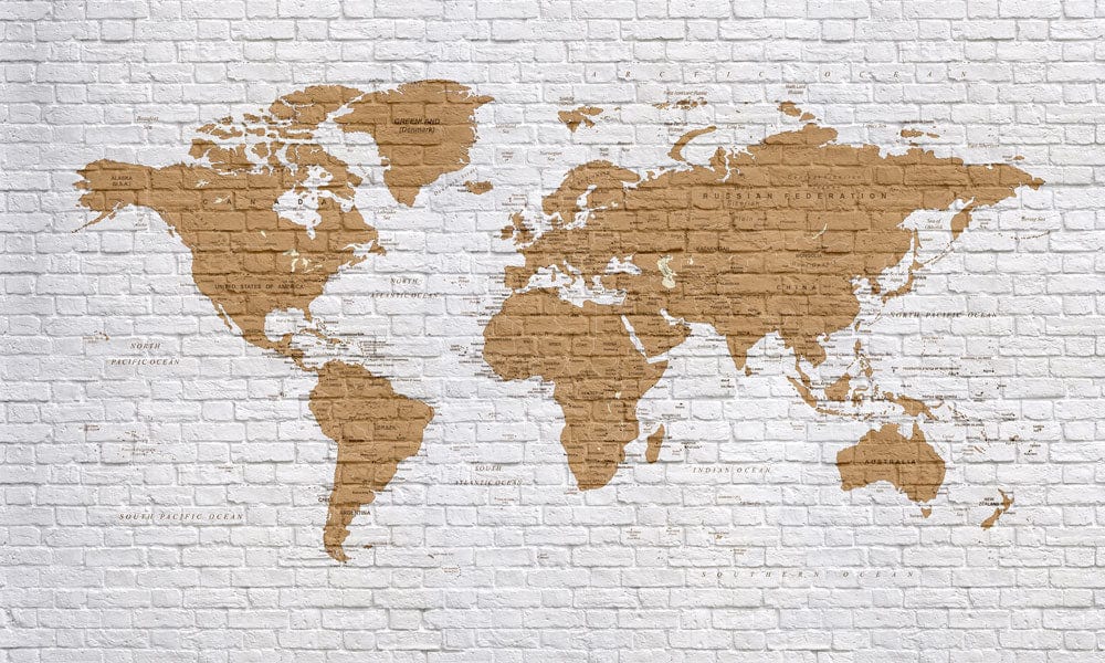 Vintage Brick World Map Mural Wallpaper - Rustic Brown and White Design
