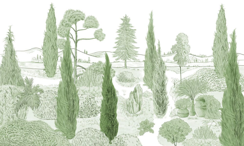 Tranquil Green Countryside Landscape Mural Wallpaper for Serene Home Interiors