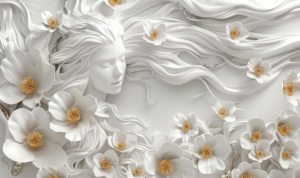 Elegant White Floral Mural Wallpaper with Sculpted Petals and Flowing Hair Design