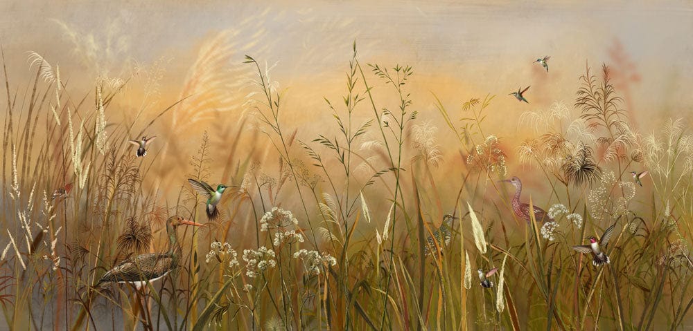 Vintage Autumn Meadow Mural Wallpaper with Birds in Warm Earth Tones
