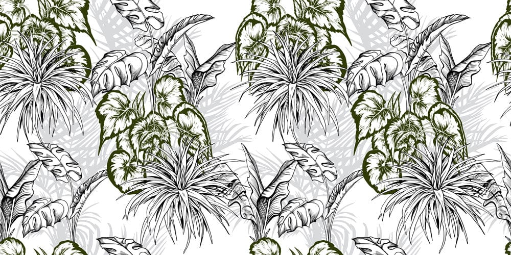 Tropical Green Botanical Jungle Pattern Wallpaper in Monochrome Elegance Design