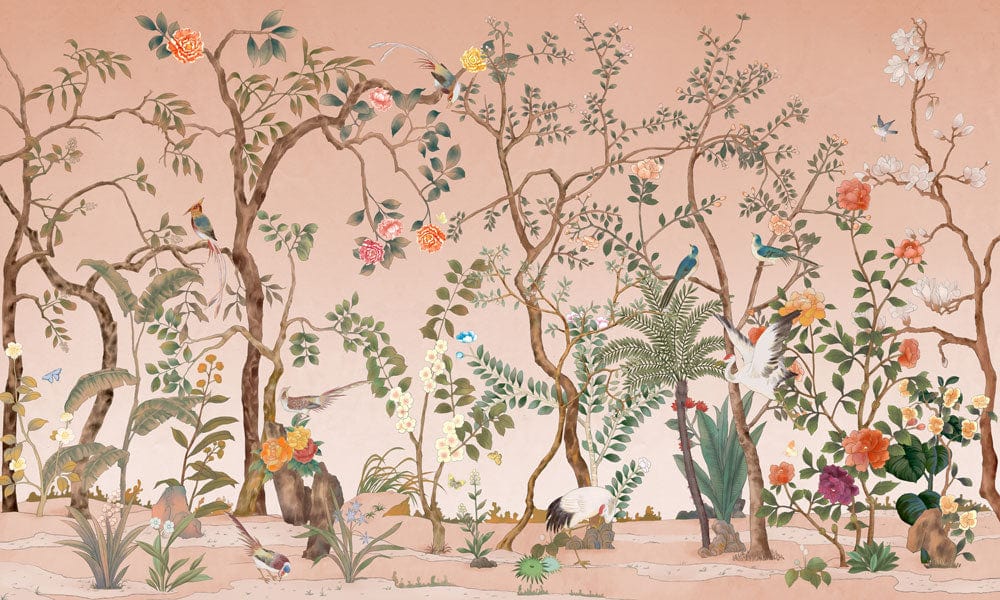 Vintage Botanical Garden Mural Wallpaper with Birds and Flowers Design