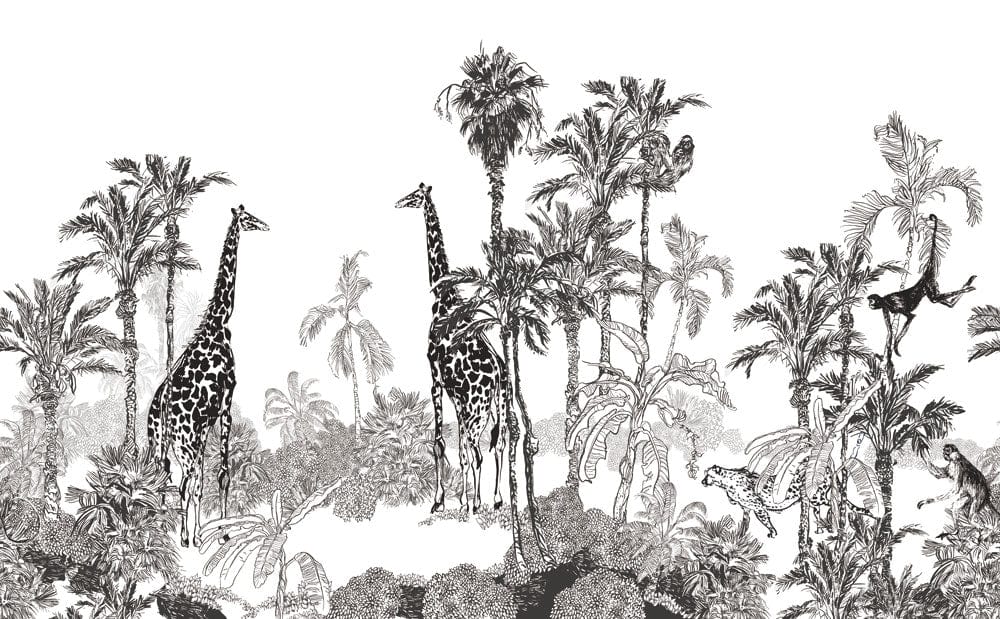 Tropical Safari Adventure Monochrome Wallpaper Mural - Exotic Wildlife Black and White