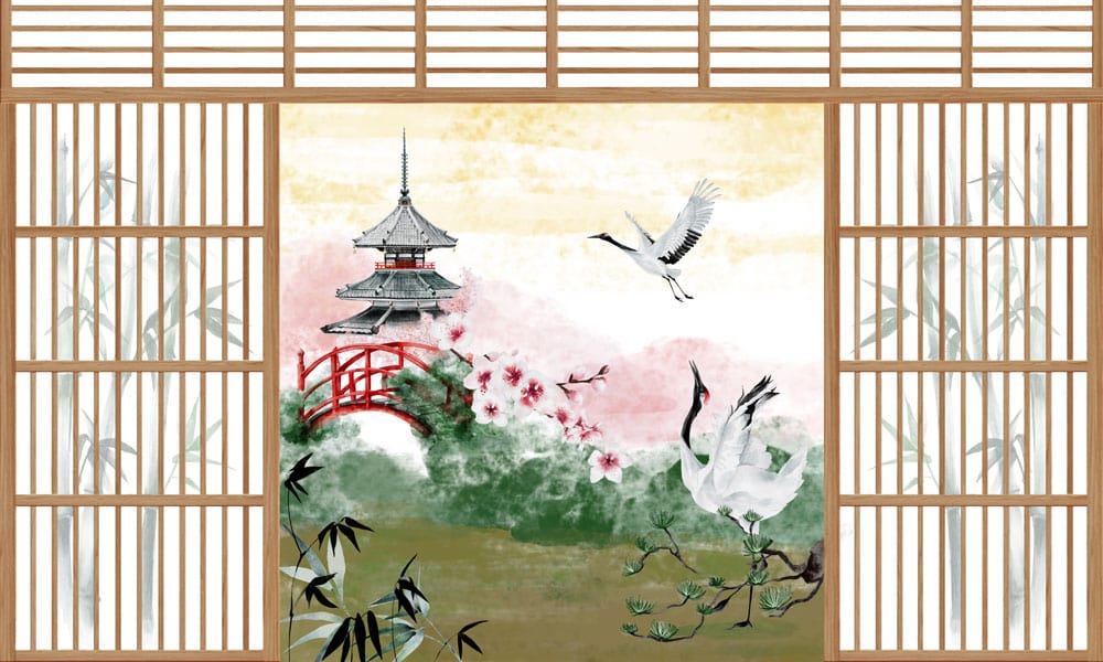 Elegant Japanese Crane Mural Wallpaper with Red Bridge and Pagoda Scene