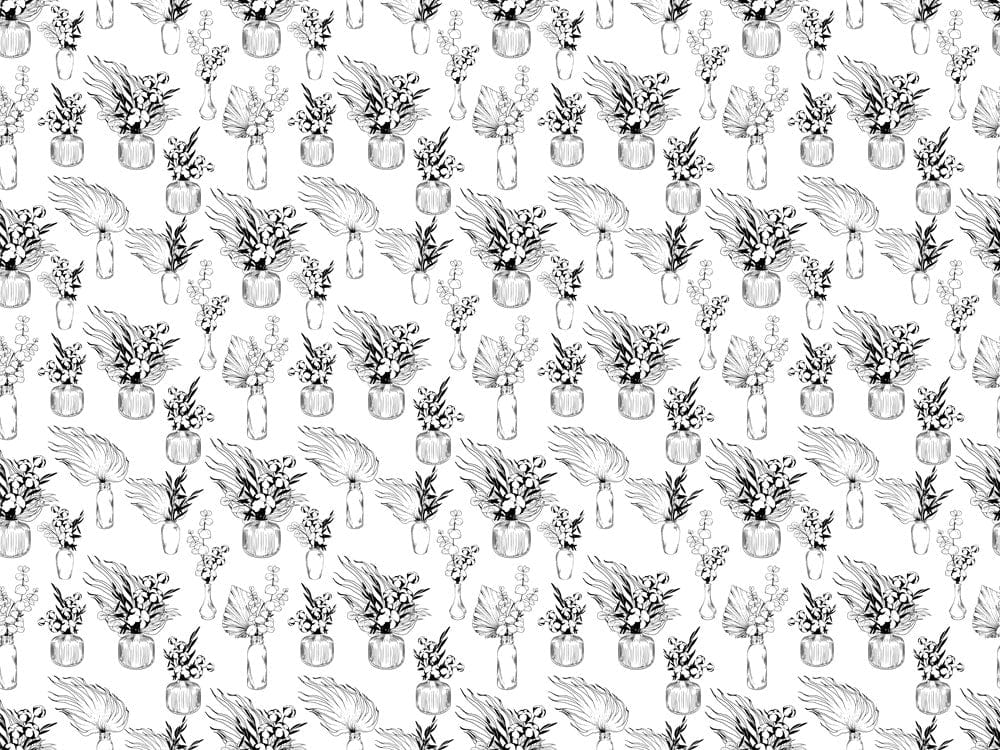 Monochrome Botanical Vase Pattern Elegant Floral Black and White Wallpaper