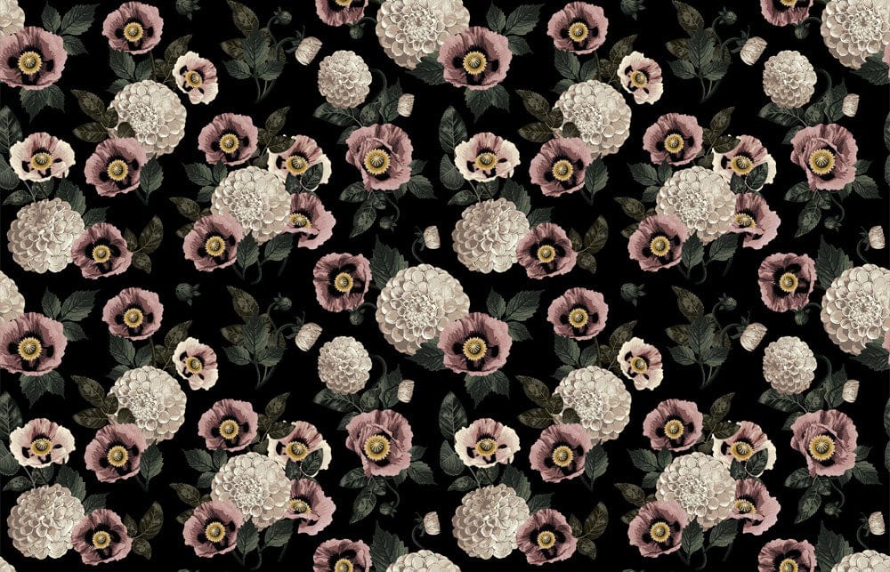 Vintage Floral Wallpaper with Pink and Cream Blooms on Black Background