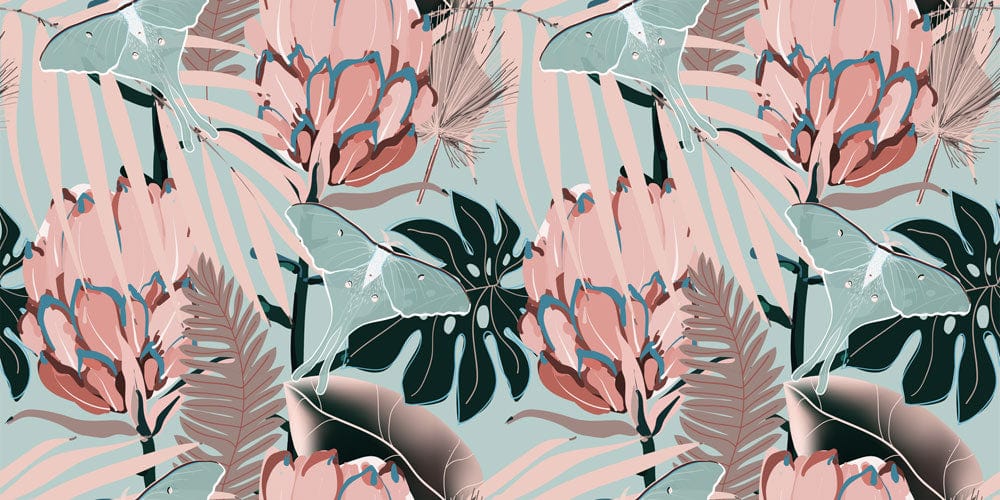 Vintage Tropical Floral Wallpaper in Soft Pink and Teal Botanical Design
