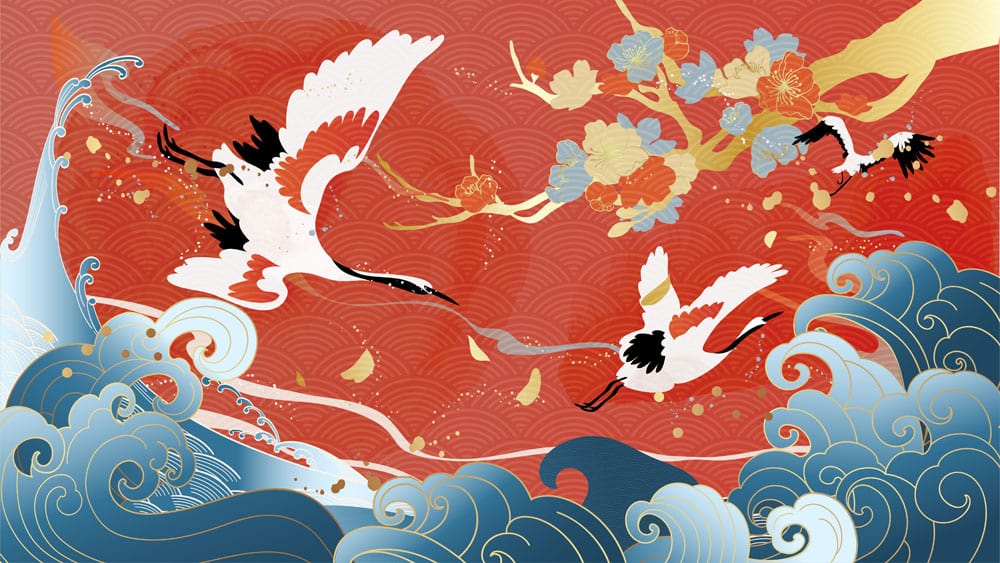 Japanese Crane Serenity Mural Wallpaper with Red and Blue Waves Design