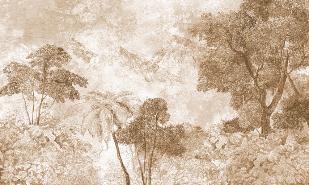 Vintage Sepia Woodland Fantasy Mural Wallpaper - Antique Nature Landscape Design