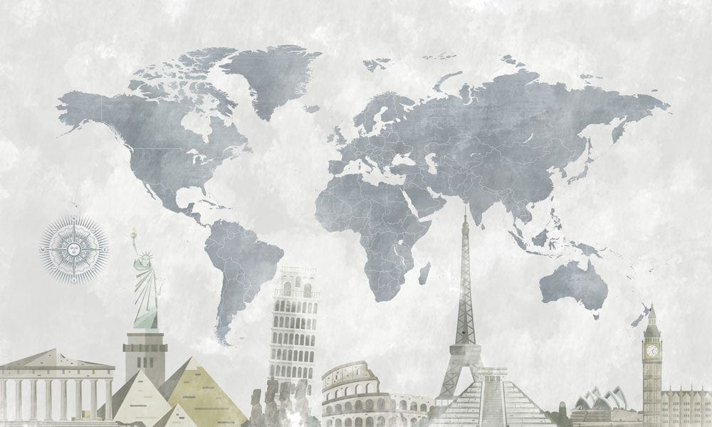 Vintage World Map Mural Wallpaper with Iconic Landmarks and Neutral Tones