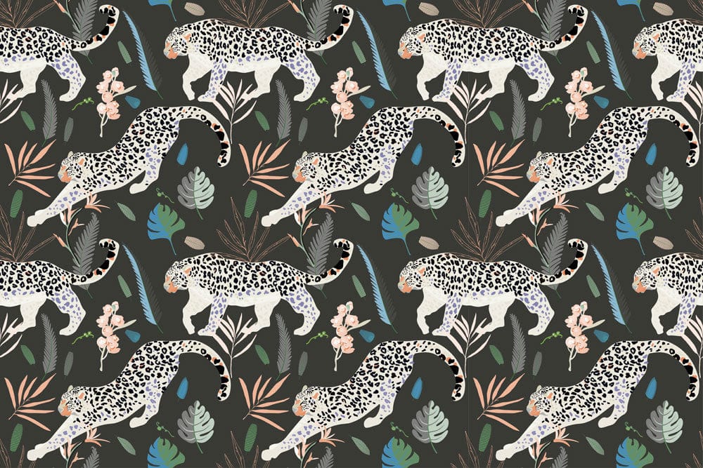 Exotic Jungle Leopard Pattern Wallpaper with Botanical Accents in Earthy Tones