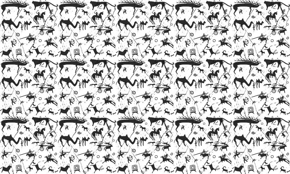 Monochrome Prehistoric Petroglyph Pattern Wallpaper - Ancient Art Design