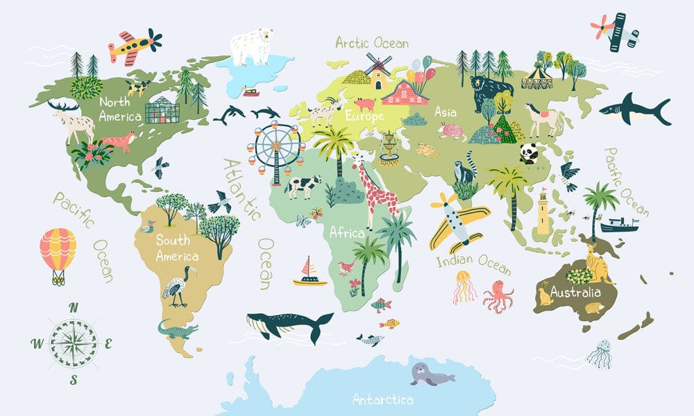 Colourful Illustrated World Map Kids Wallpaper with Fun Educational Design