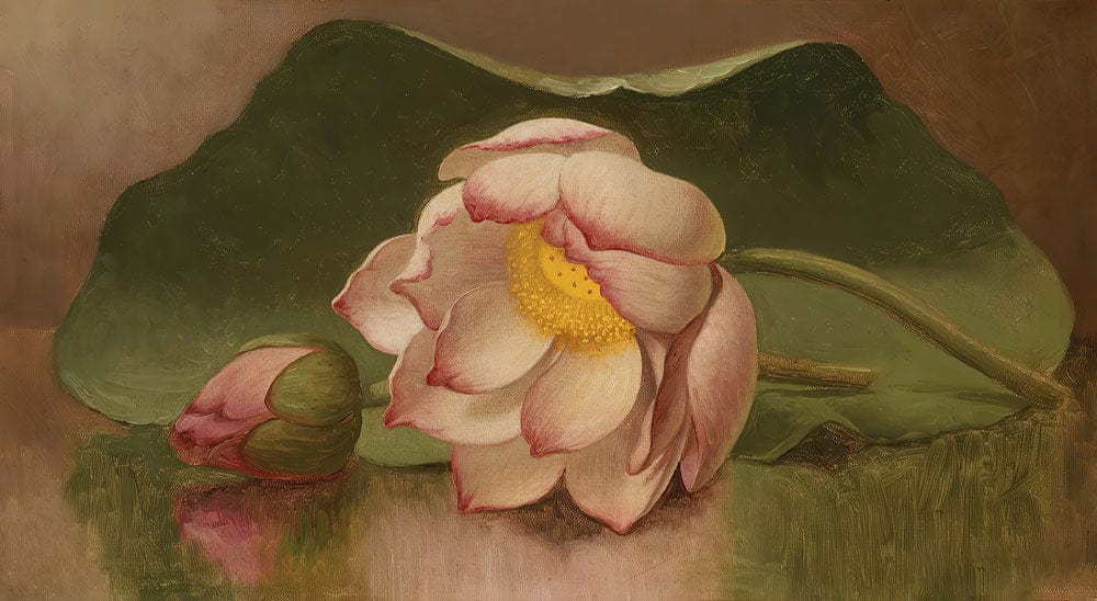 Vintage Lotus Blossom Mural Wallpaper in Soft Pink and Green Classic Design