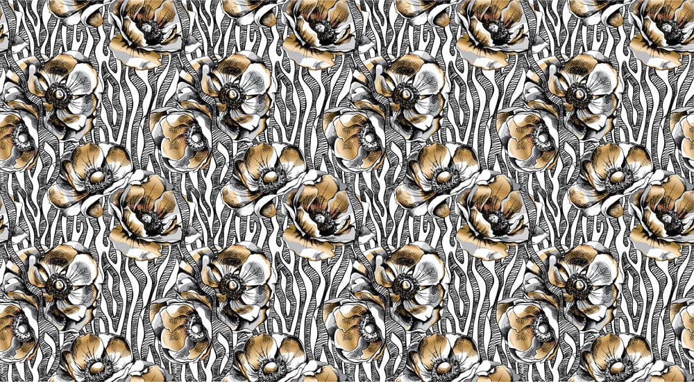 Artistic Gold and Black Floral Mural Wallpaper