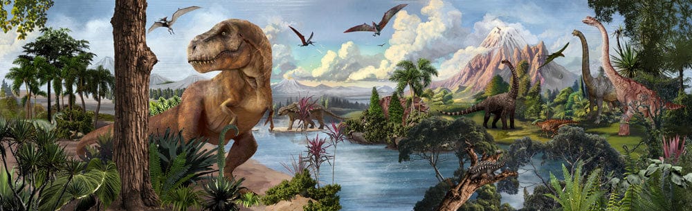 Prehistoric Dinosaurs Landscape Mural Wallpaper - Colourful Jurassic Adventure Scene