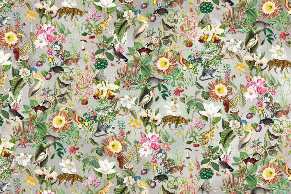 Exotic Jungle Floral Safari Mural Wallpaper - Lush Greenery and Wildlife Design
