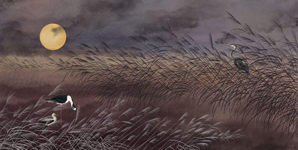 Tranquil Moonlit Heron Scene Mural Wallpaper in Earthy Tones Elegantly Styled