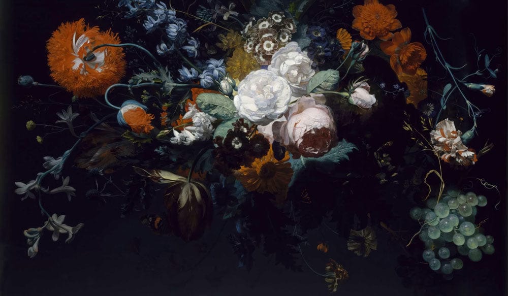 Dark Floral Elegance: Vintage Botanical Mural Wallpaper in Rich Hues