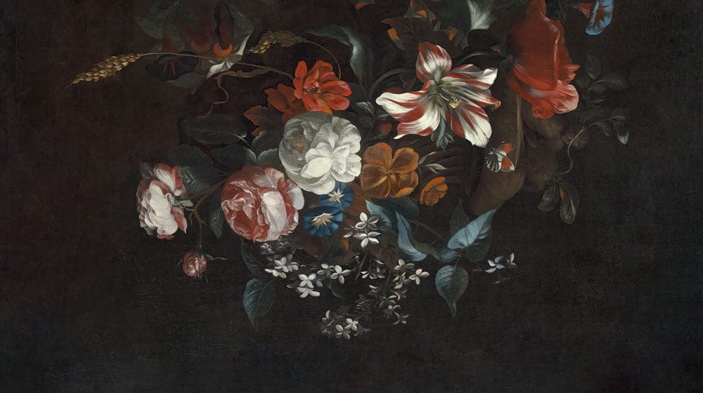 Elegant Dark Floral Dutch Masterpiece Mural Wallpaper with Vibrant Blooms Design