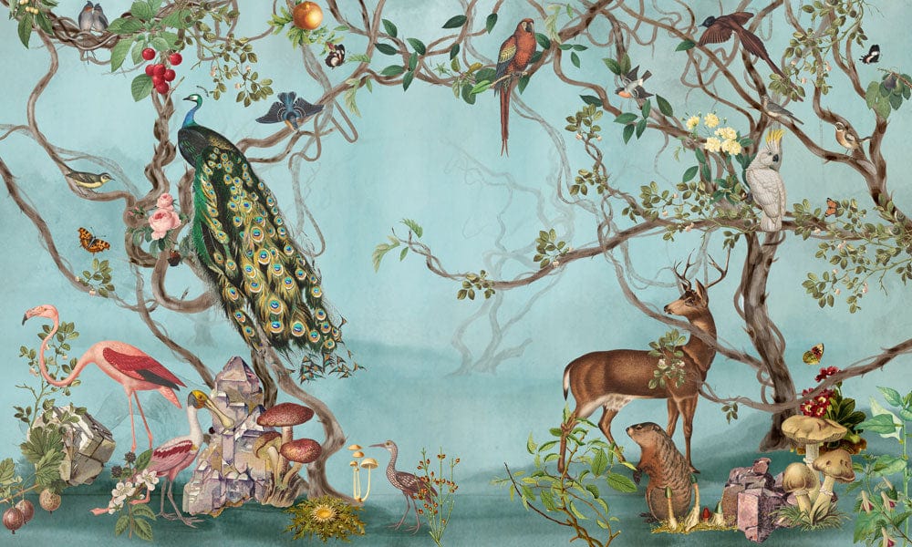 Vintage Pastel Woodland Wildlife Mural Wallpaper with Exotic Animals Design