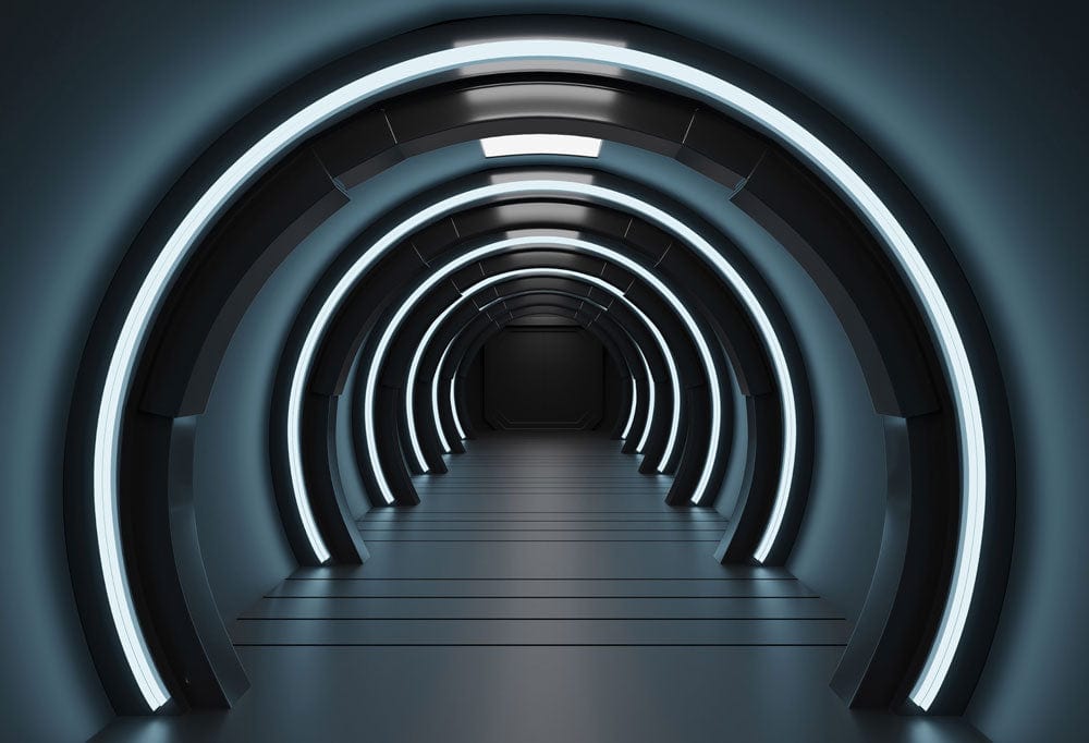 Futuristic Blue Neon Tunnel Mural Wallpaper for Modern Home Décor