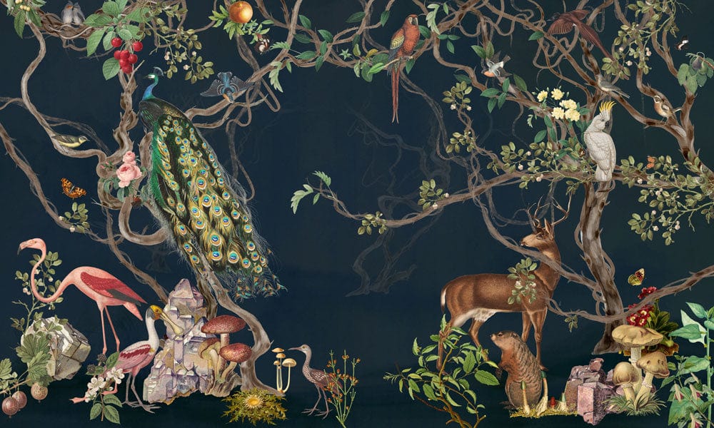 Exotic Wildlife Scene Dark Green Botanical Mural Wallpaper for Interiors