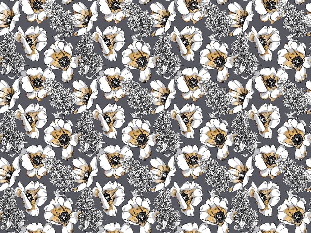 Elegant Grey Floral Pattern Wallpaper with White and Yellow Highlights