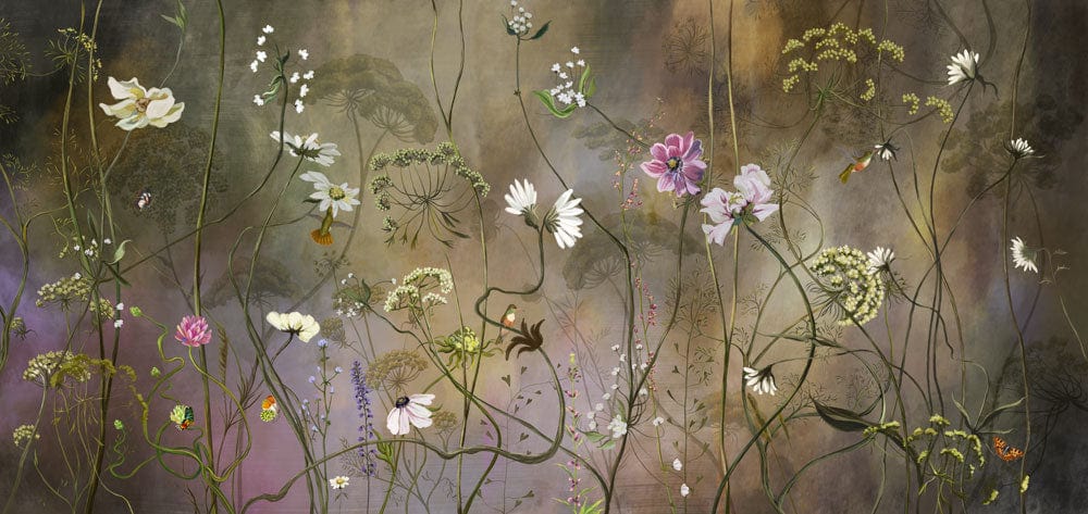 Elegant Wildflower Garden Mural Wallpaper with Earthy Tones and Delicate Florals.