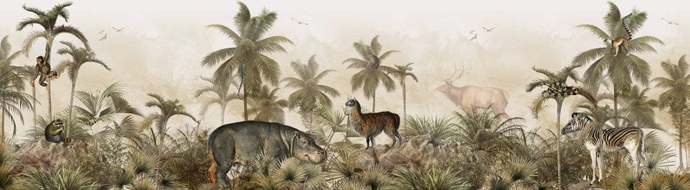 Vintage Jungle Safari Mural Wallpaper: Exotic Animals and Palm Trees Design