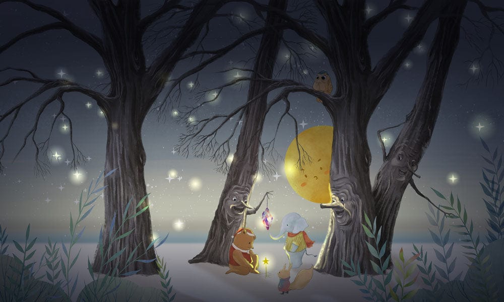 Enchanted Woodland Creatures Nighttime Adventure Mural Wallpaper in Moonlit Scene