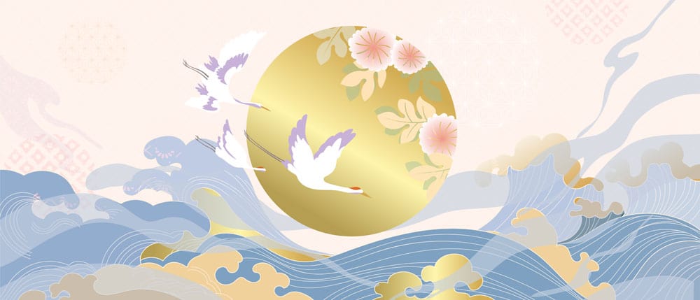 Elegant Oriental Birds and Waves Wallpaper in Pastel and Gold Hues