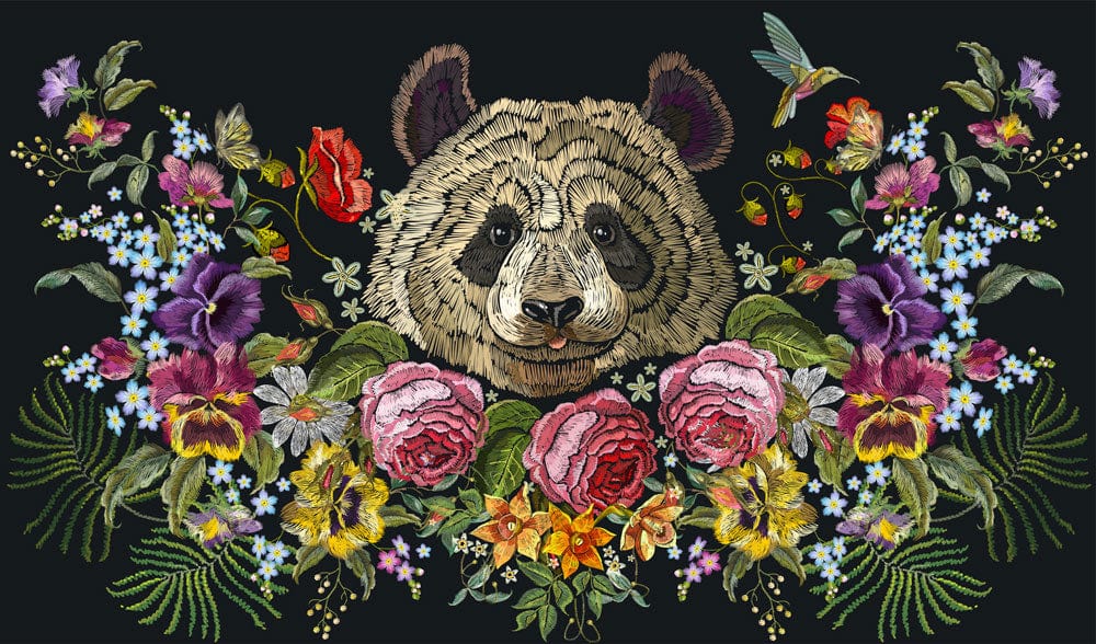 Colourful Floral Panda Embroidery Style Mural Wallpaper with Vibrant Blooms