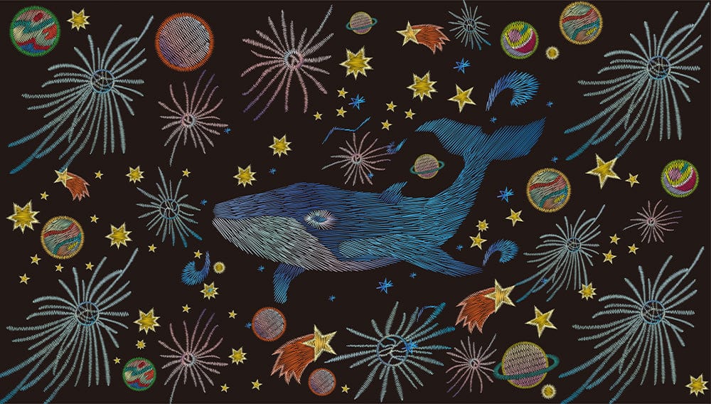 Cosmic Whale Adventure Mural Wallpaper in Vibrant Multicolour Embroidered Style