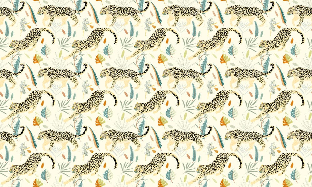 Elegant Jungle Leopard Print Wallpaper with Tropical Leaves, Cream Background