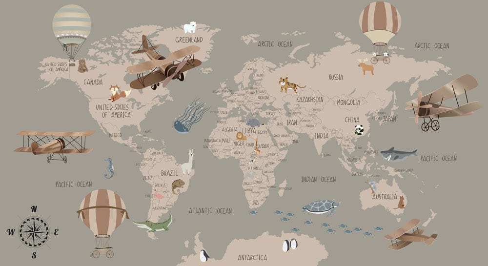Vintage World Map Mural Wallpaper with Aeroplanes and Animals in Taupe Tones