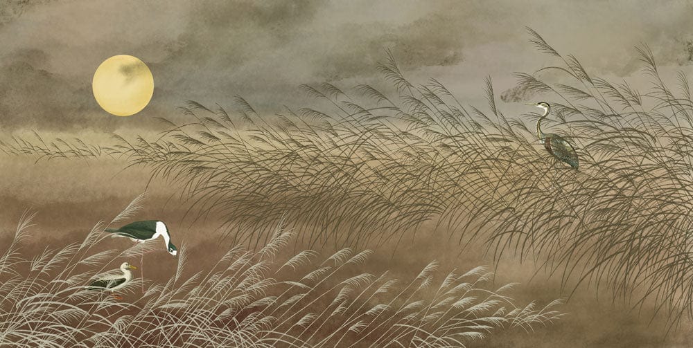 Tranquil Heron Moonlit Marshland Mural Wallpaper in Soft Earthy Tones