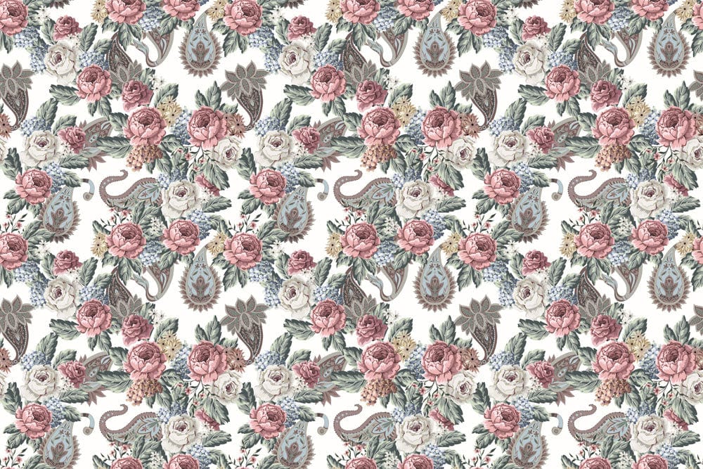 Vintage Floral Elegance Wallpaper with Pink Roses and Green Foliage Pattern