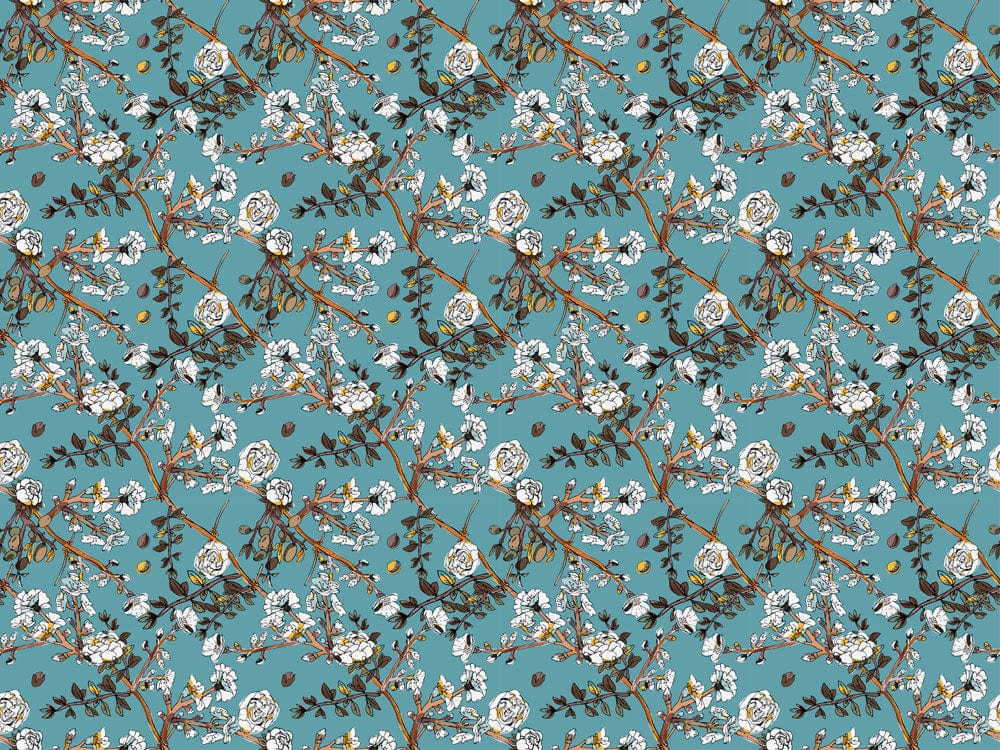 Elegant Teal Floral Pattern Wallpaper with White Roses and Branches