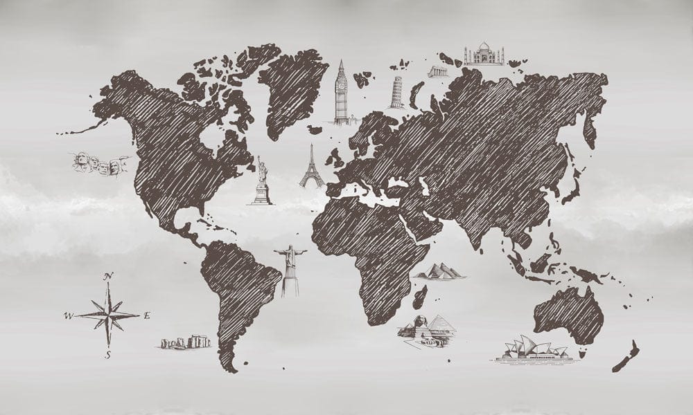 Vintage Sketch World Map Mural Wallpaper in Charcoal Grey - Travel Theme